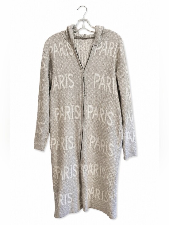 Jackets & Blazers - Paris Graphic Hooded Long Zip Cardigan Sweater Women's Beige Knit Duster Jacket